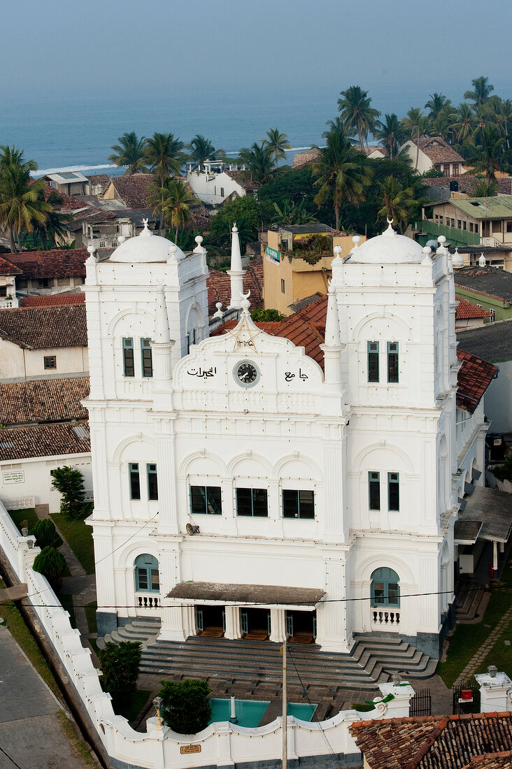 View of white Meera Mosque and sea, Galle Fort, Sri Lanka