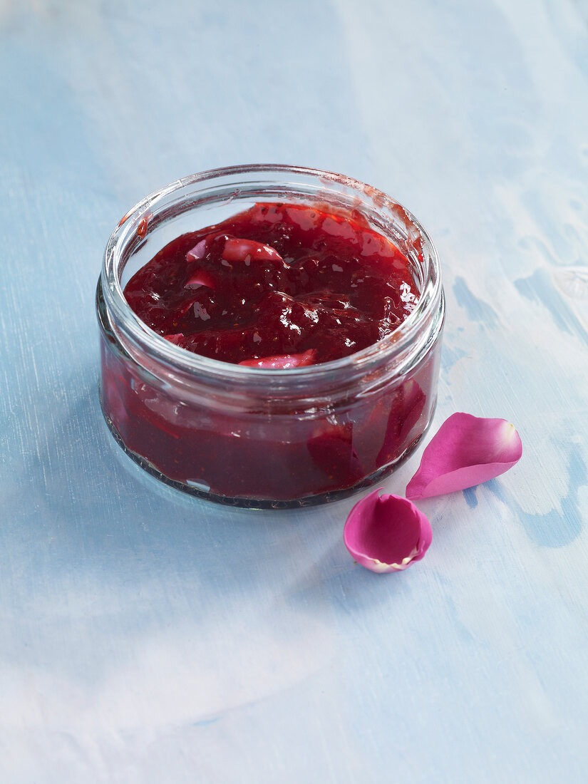 Strawberry and rose jam in jar