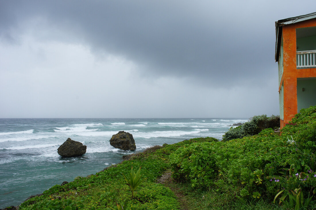 View of Caribbean sea with huge rocks at Lesser Antilles, Caribbean island, Barbados