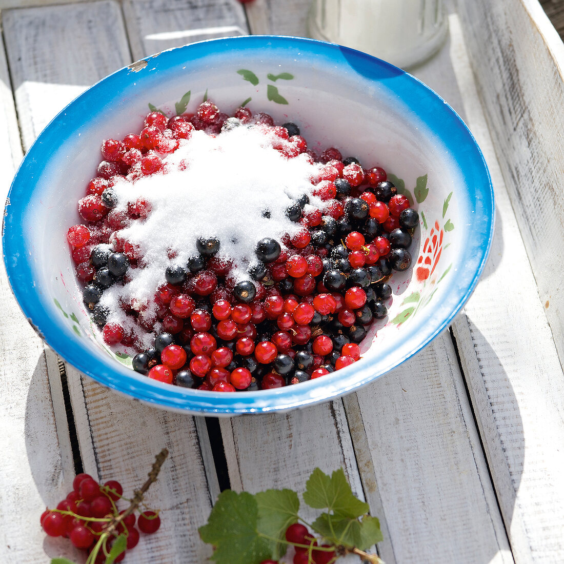 Landküche, gezuckerte rote und schwarze Johannisbeeren