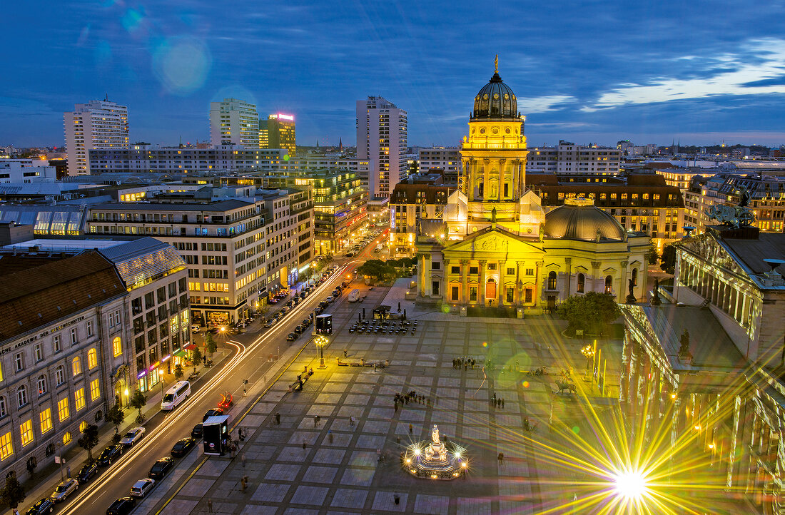 Elevated view of illuminated Gendarmenmarkt, Berlin, Germany