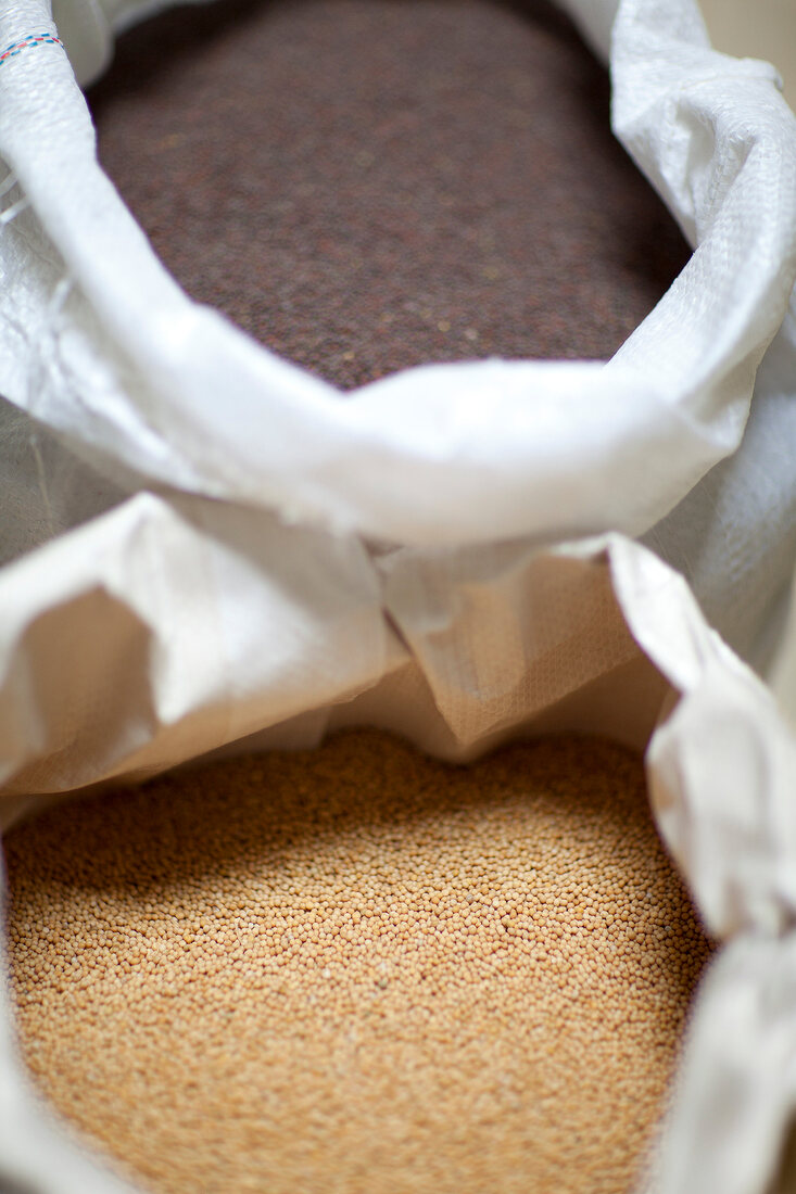 Close-up of bags with mustard seeds and flax seed