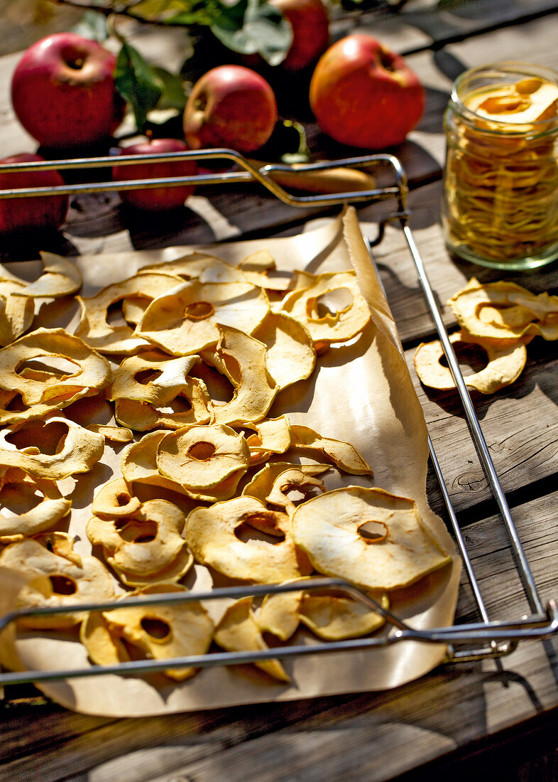 Close-up of parched apple rings in rack on wooden table