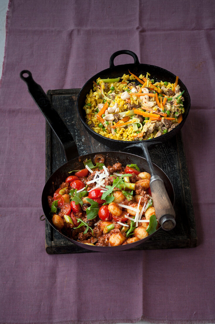 Hackfleisch, Knuspriger Curry- Bratreis, Gnocchi-Tomaten-Pfanne