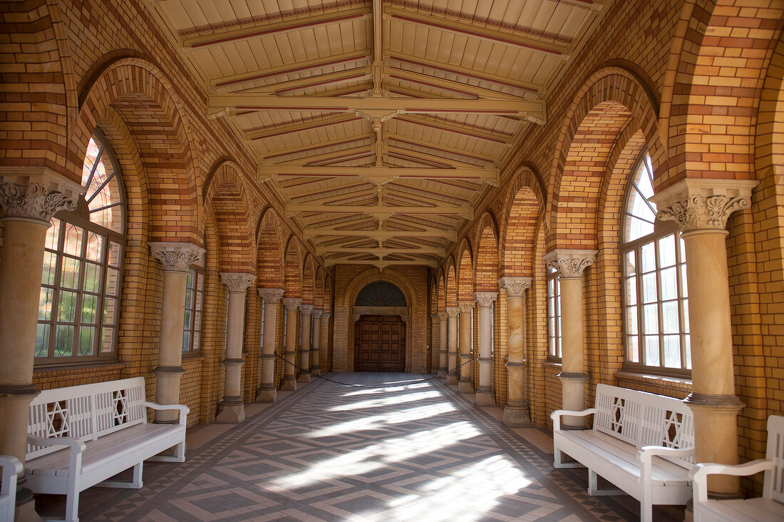 View of Weissensee Jewish cemetery hall in Berlin, Germany