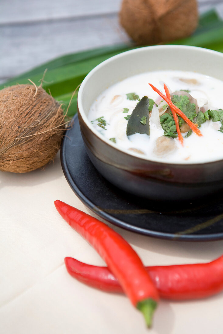 Close-up of coconut soup in bowl in Dhigufinolhu island, Maldives