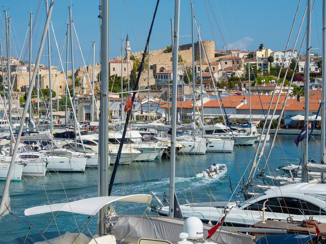 View of port with ships in Cesme, Turkey