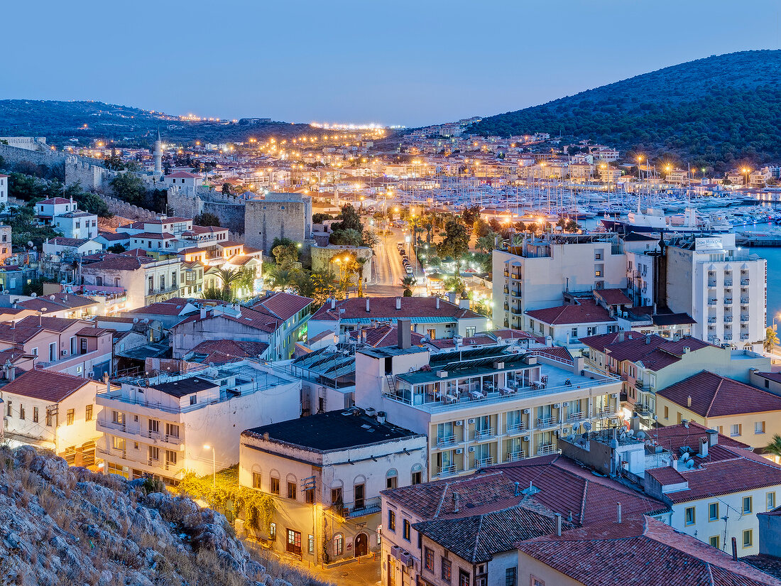 View of cityscape at dusk in Cesme, Turkey