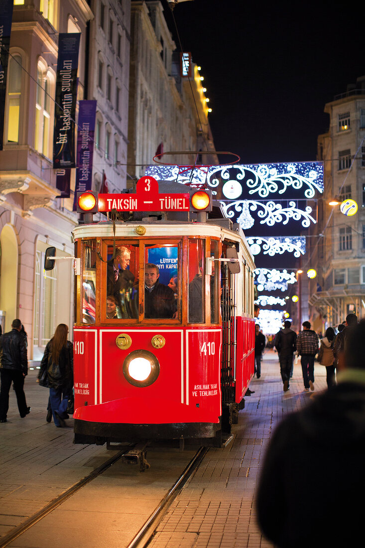 Nostalgic tram on Istaklal street in Beyoglu, Istanbul, Turkey