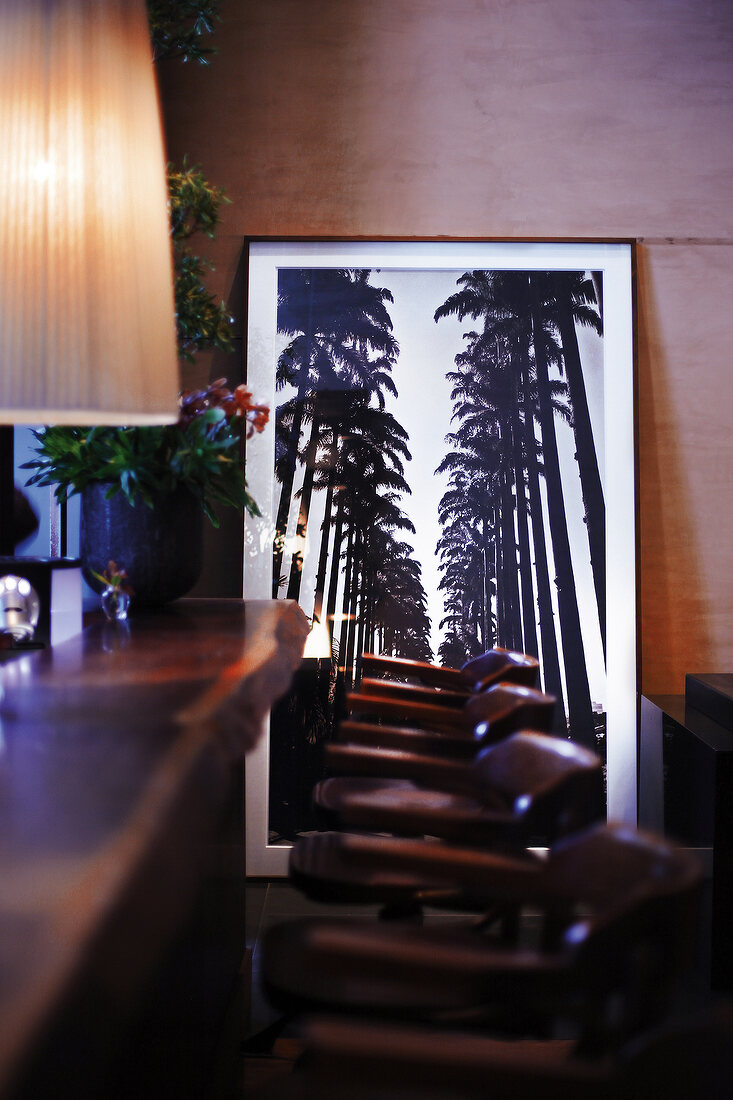 View of restaurant D.O.M and painting of palm avenue in S�o Paulo, Brazil