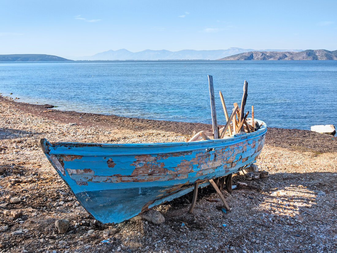 Boat at coat of Lake Bafa Nature Park in Aegean, Turkey