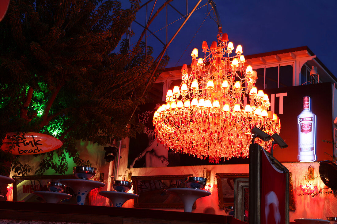 Illuminated chandelier in Nightclub Fink, Aegean, Turkey