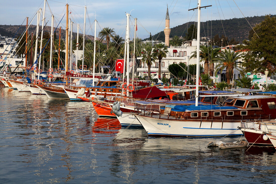 Boats moored at harbor in Bodrum Aegean Region, Turkey