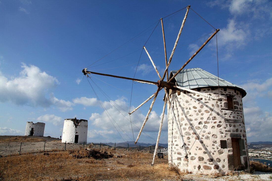 View of windmill in Bodrum Peninsula, Aegean, Turkey