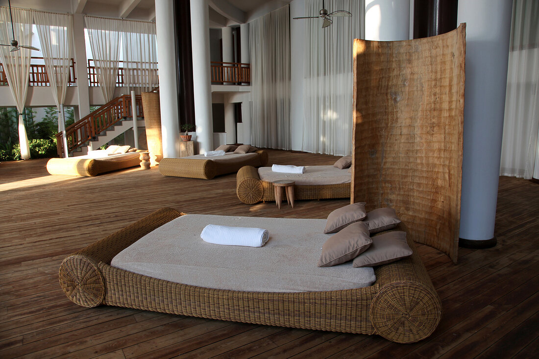 Wicker beds in Kempinski Hotel Barbaros Bay, Bodrum Peninsula, Aegean Region, Turkey