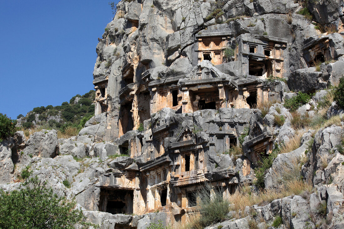 Ancient lycian Myra rock tomb ruins in Turkey