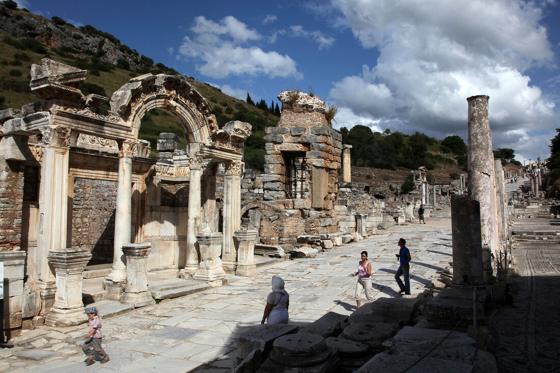 Tourists at ruins of Ephesus in Izmir, Aegean, Turkey
