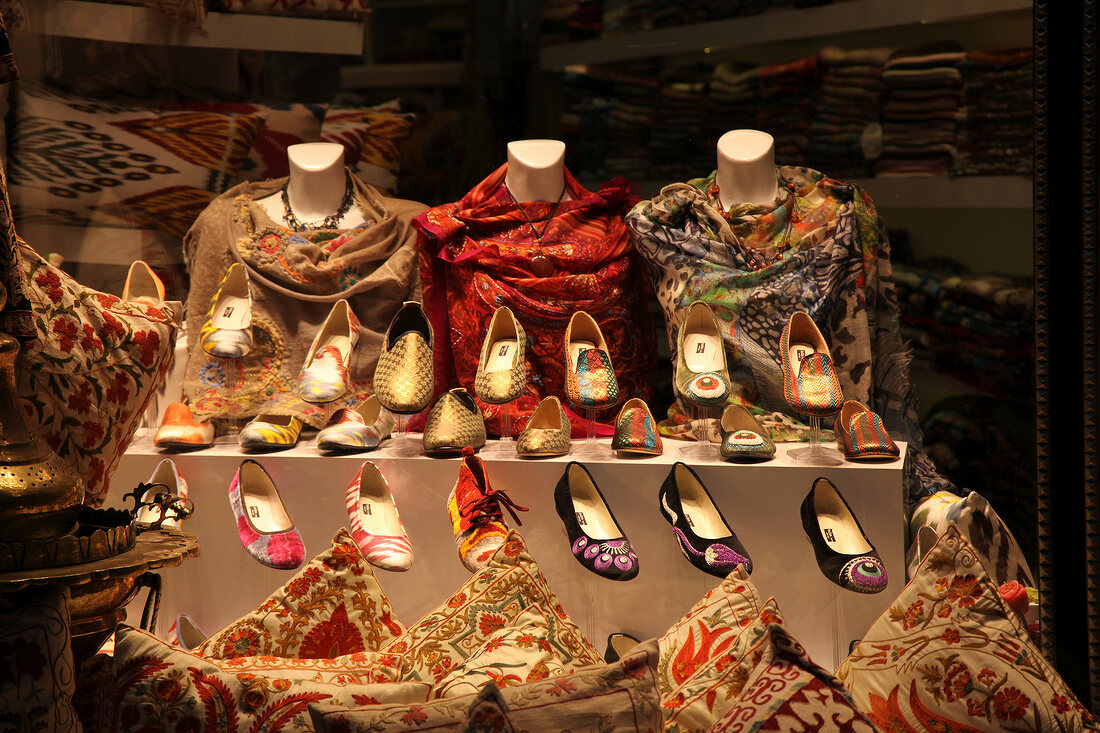 View of boutique shoes in Bodrum Peninsula, Aegean, Turkey
