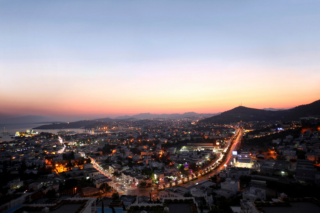 View of illuminated cityscape of Bodrum Peninsula, Aegean, Turkey