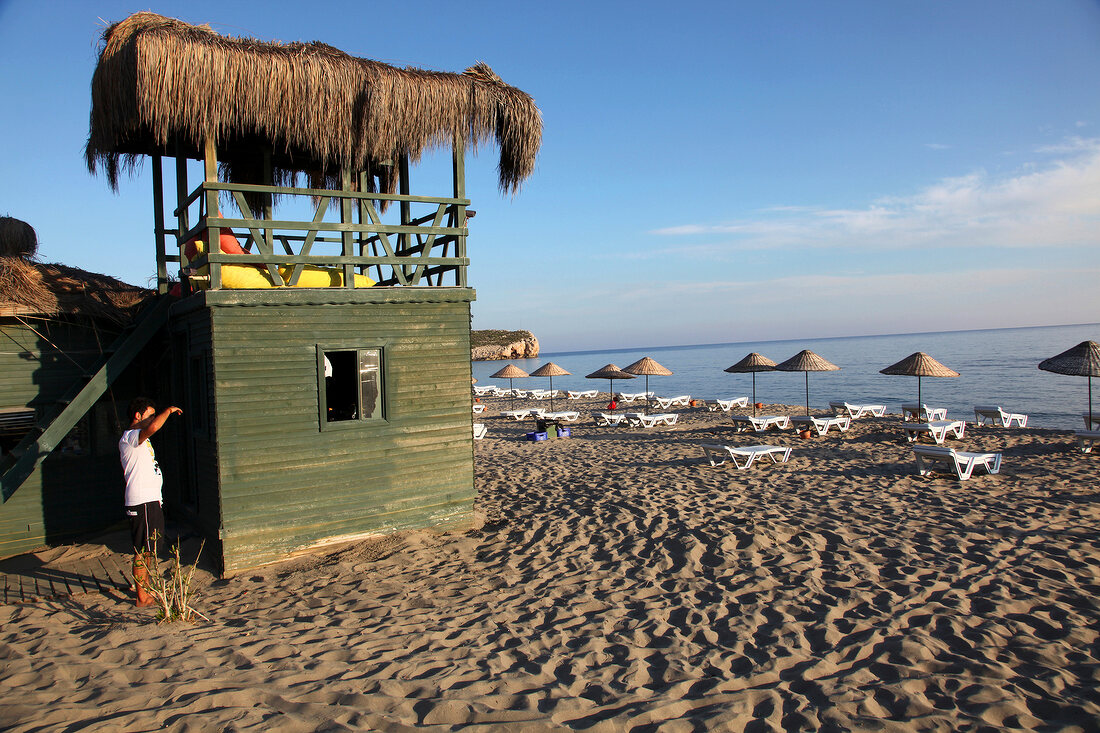 View of beach parasol on Patara beach, Aegean, Turkey