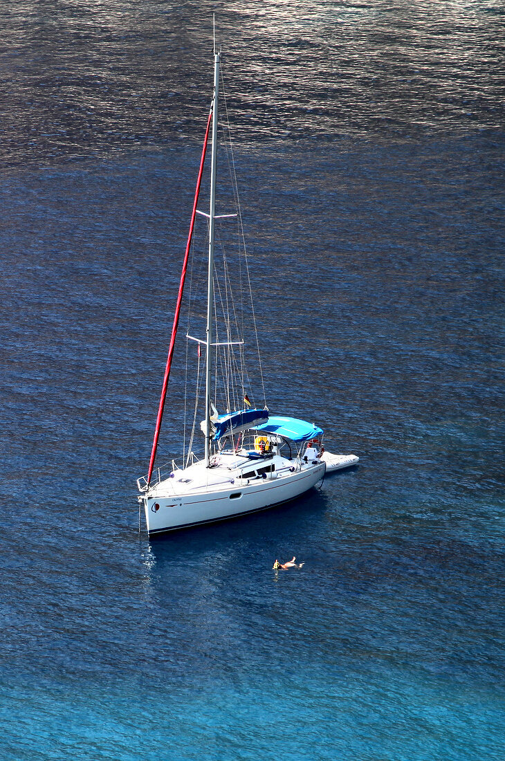 Yacht in sea between Datca and Knidos, Resadiye Peninsula, Turkey
