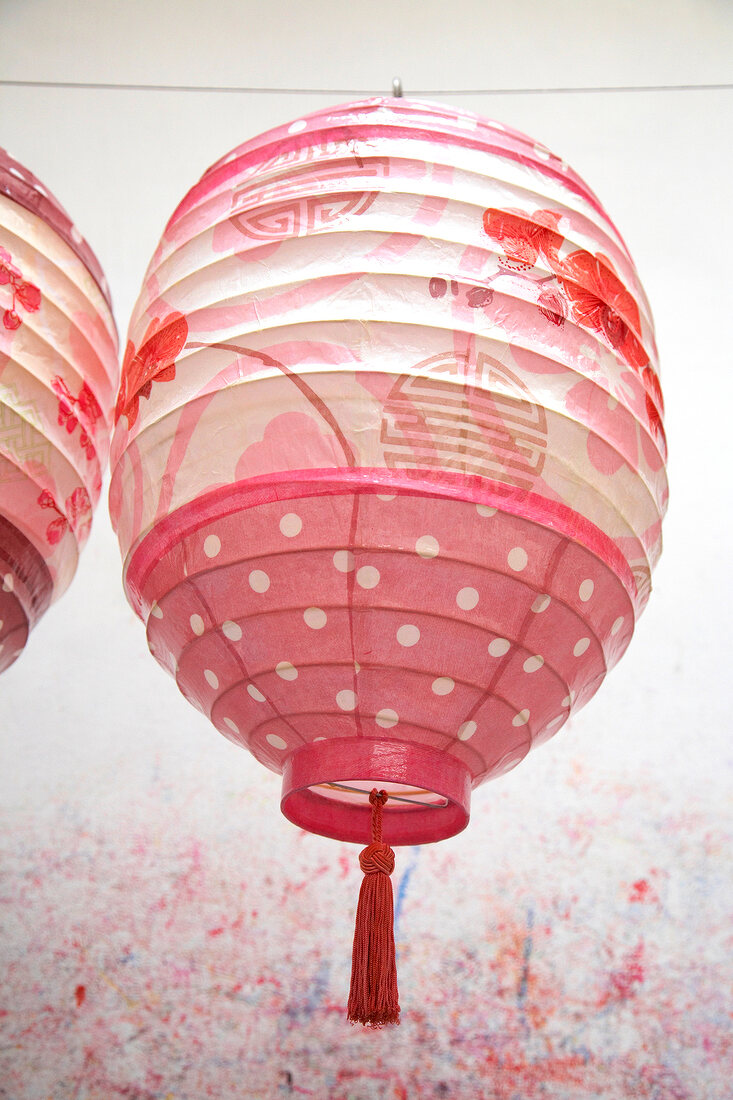 Close-up of person painting colourful lantern with flower and fish motif