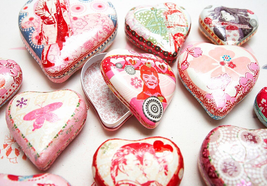 Carefully decorated heart-shaped paper boxes