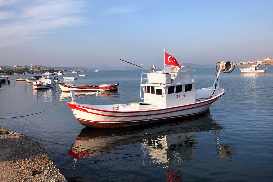 View of fishing boats in sea in Aegean, Turkey