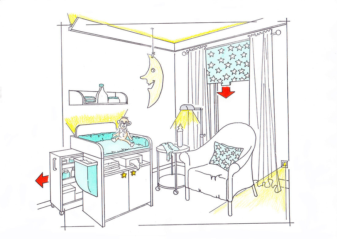 Illustration of convertible table and armchair in children room