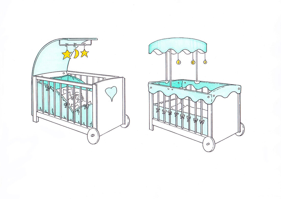 Illustration of two cribs with canopy