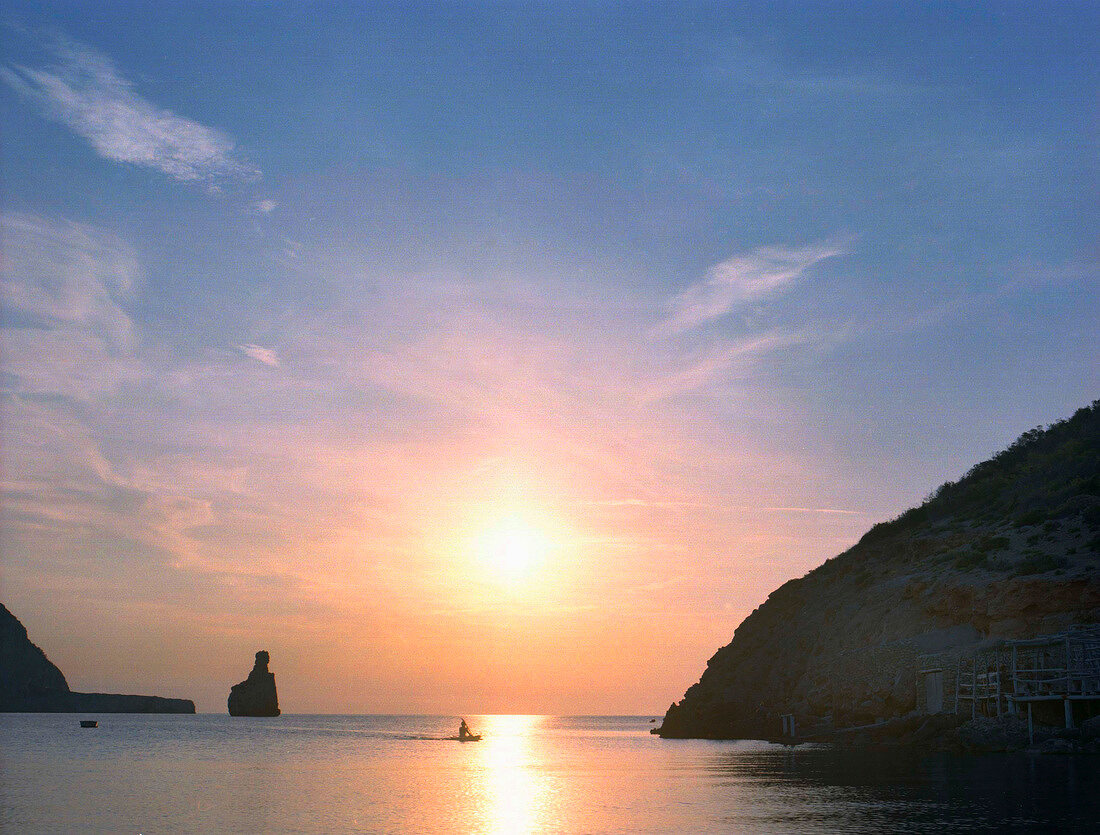 View of bay at sunset in Ibiza island, Spain