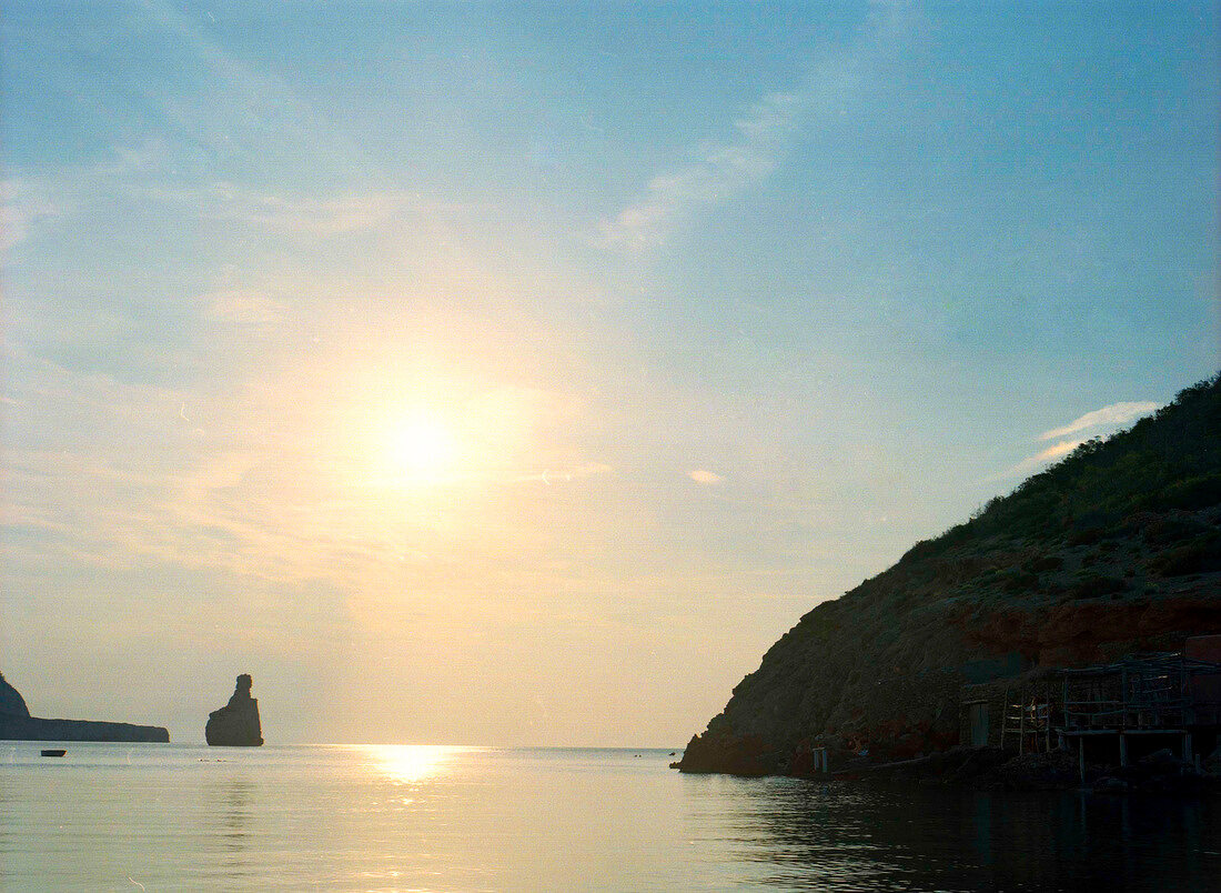 View of bay at sunset in Ibiza island, Spain