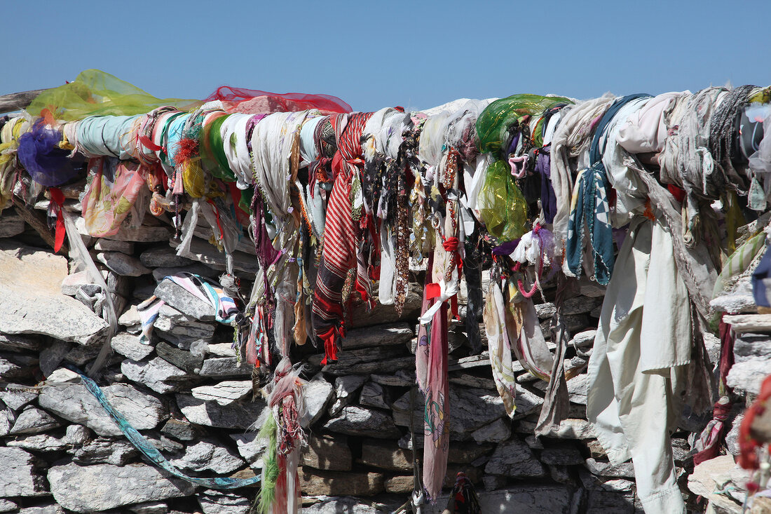 Pieces of cloth tied at Sarikiz Tepesi, Dilek Peninsula National Park, Kusadasi, Turkey