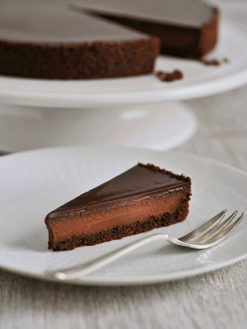 Piece of chocolate cake on plate