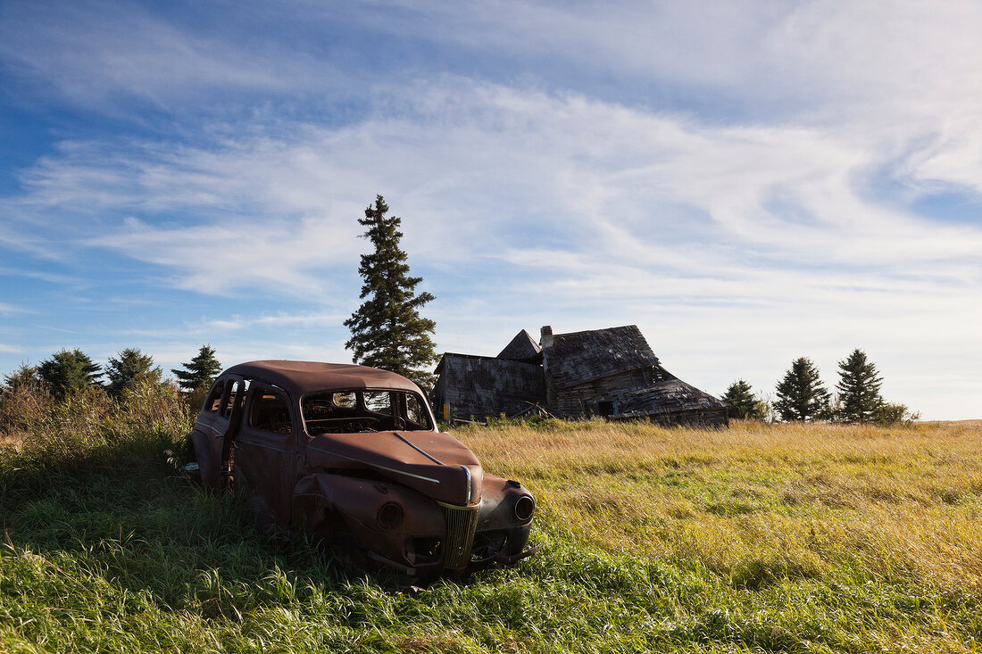 Old wrecked car in field near Highway 15, Ituna, Saskatchewan, Canada