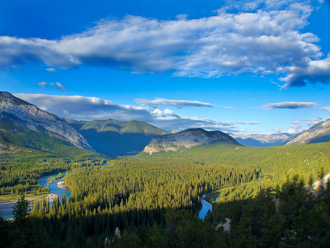 View of Bow River and mountains at Banff National Park, Alberta, Canada
