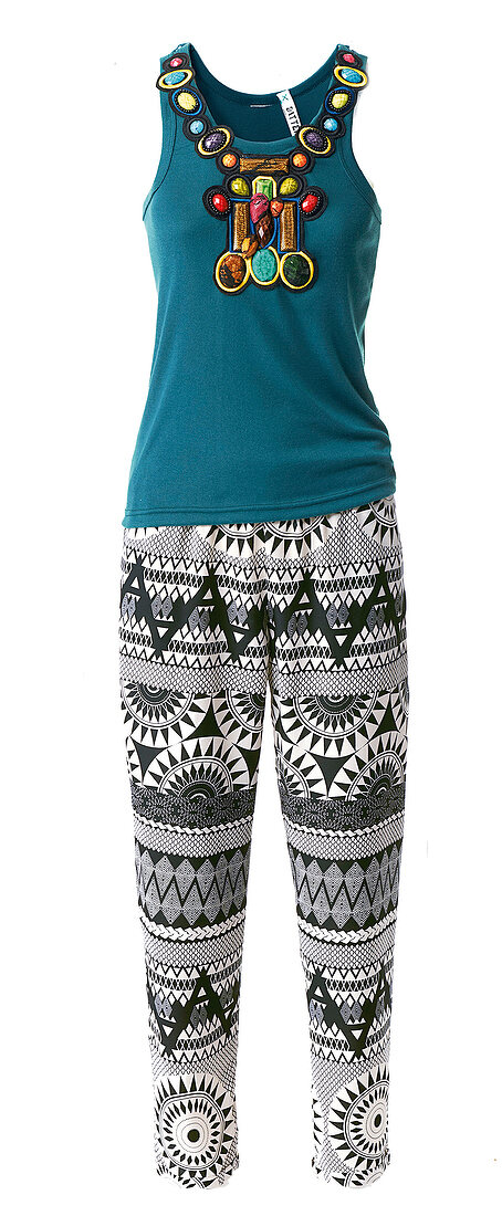 Tank top with decorative stones and patterned pants against white background