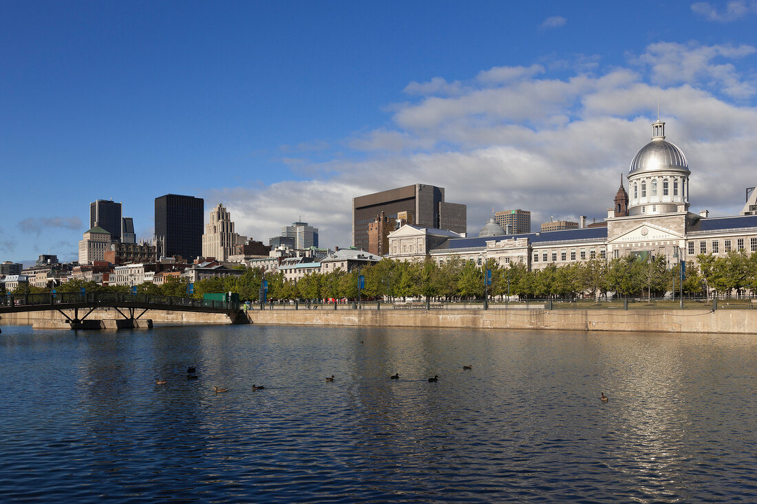 View of city and Bonsecours Market with sea in Montreal, Canada