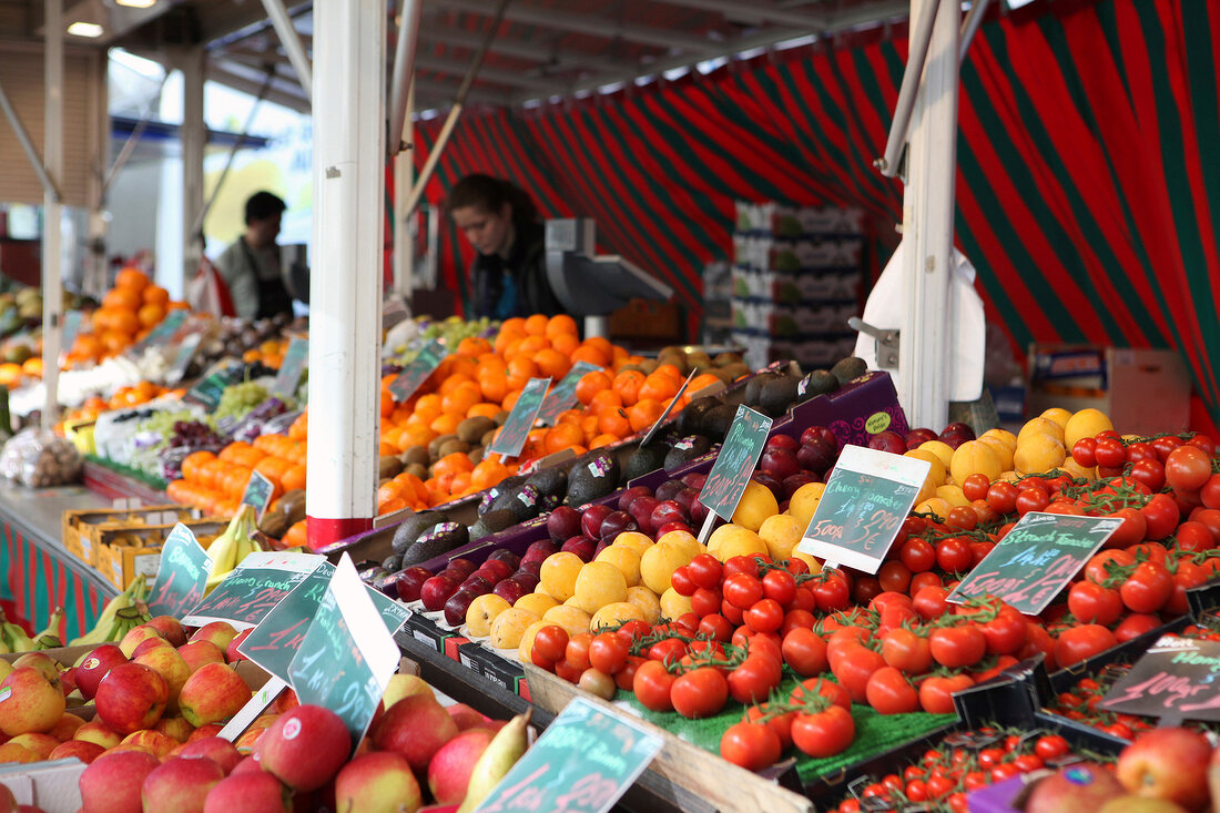 Fruits and vegetables at market stall, Stuttgart Market Hall, Baden-Wurttemberg, Germany