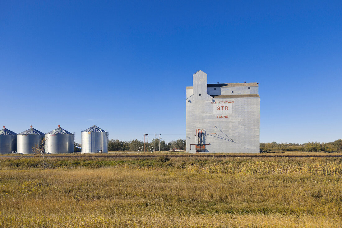 View of granary factory on Highway 2, Saskatchewan, Canada