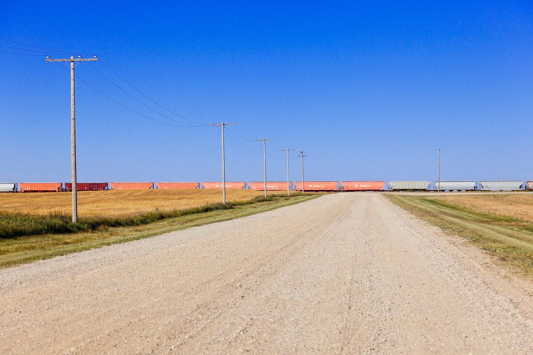 View of granary cargo train through Highway 2 with electric pylon at Saskatchewan, Canada