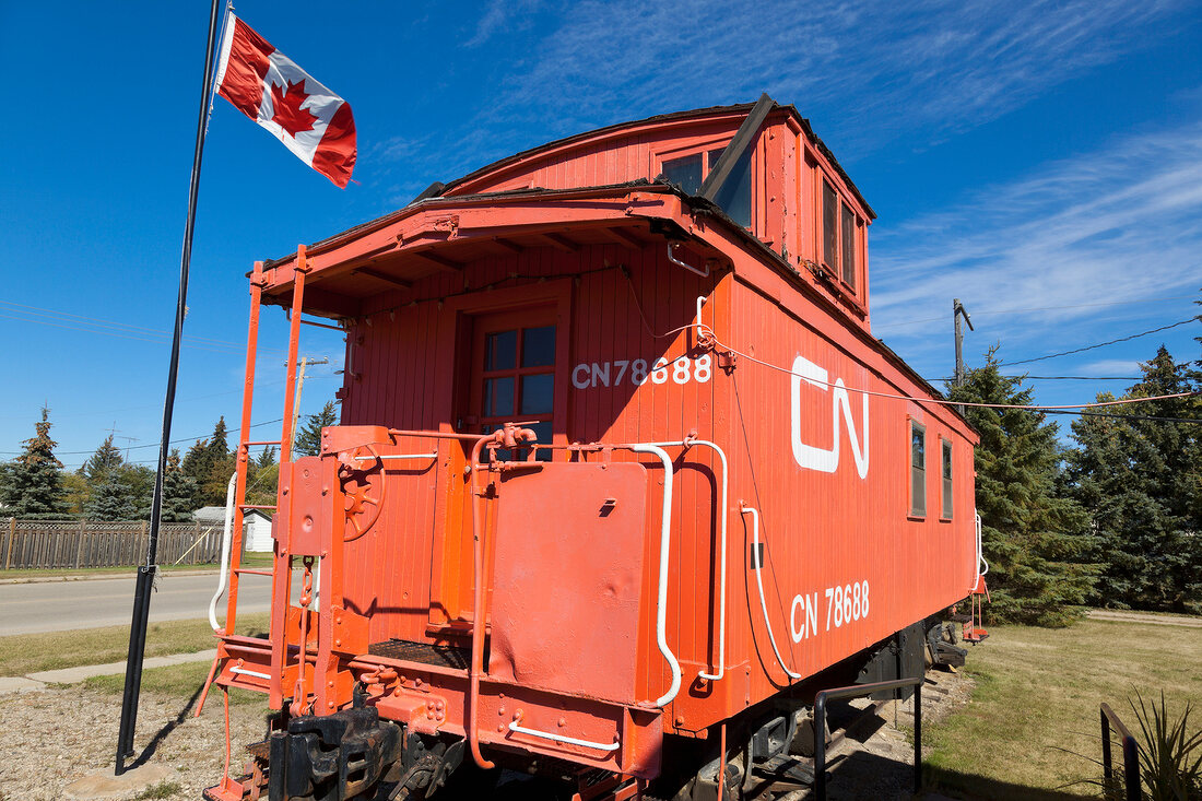 View of red old train at Saskatchewan Museum in Nokomis, Canada
