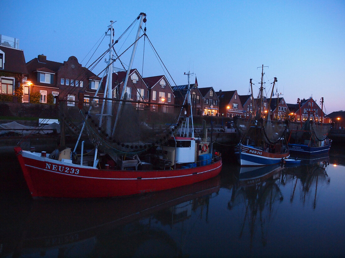 Boats at harbour in Neuharlingersiel, Lower Saxony, Germany