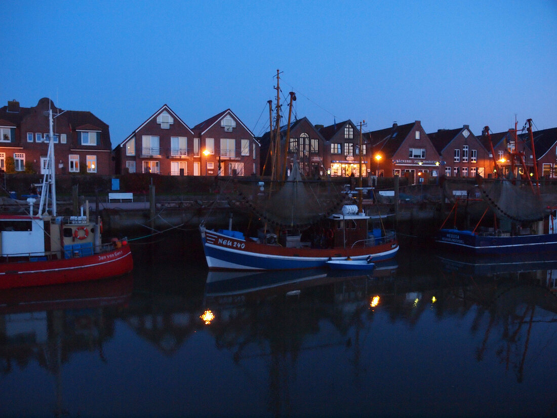 Boats at harbour in Neuharlingersiel, Lower Saxony, Germany