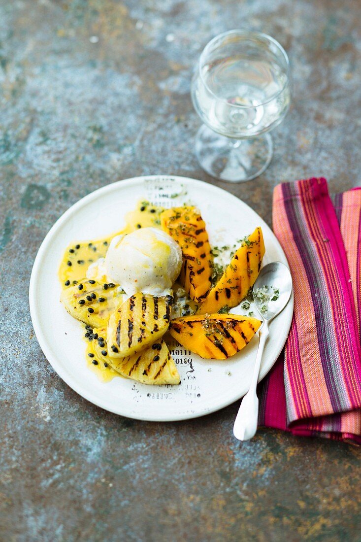 Grilled pineapple, passion fruit and mango with vanilla ice cream