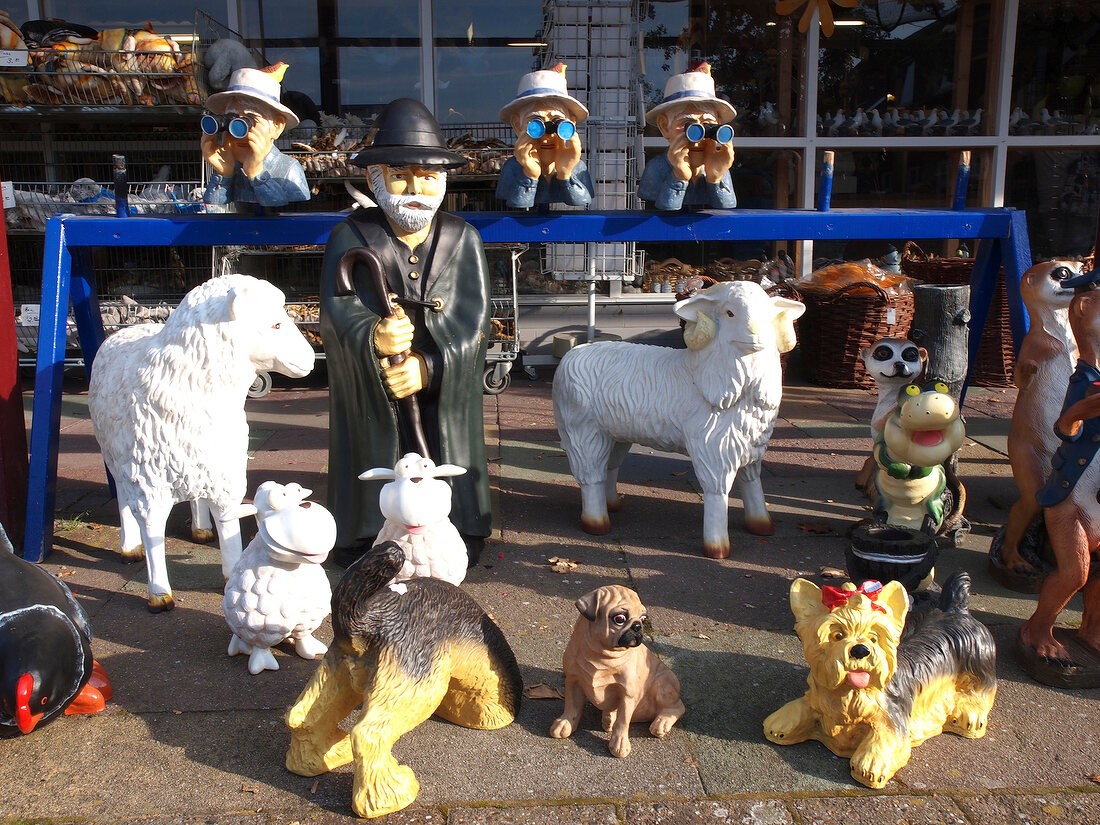 Different souvenirs figurines made of plastic, Spiekeroog, Saxony, Germany