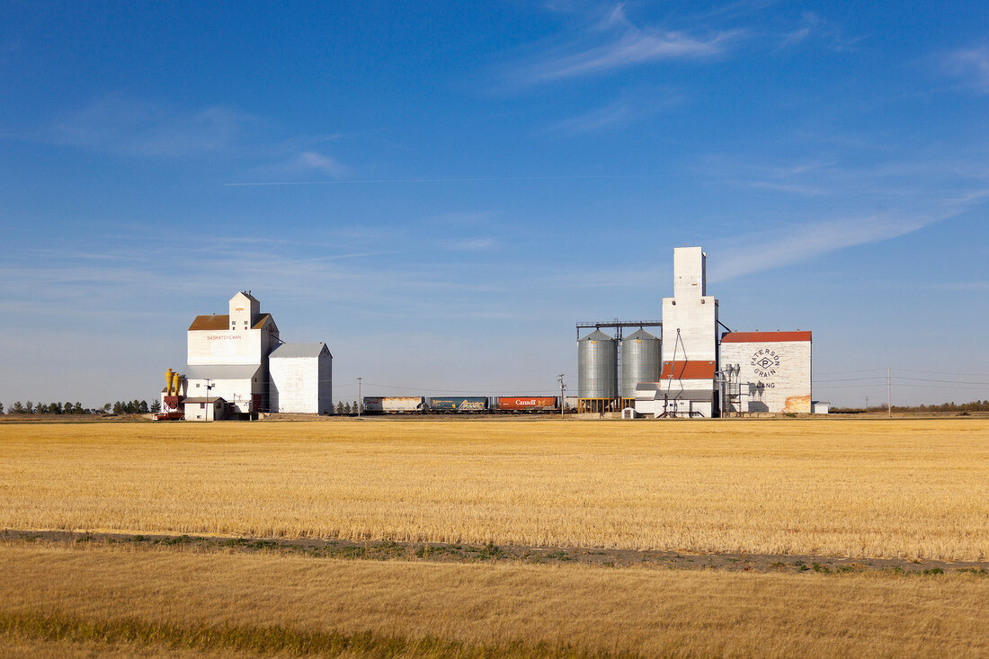 View of grain storage and loading station in Saskatchewan, Canada