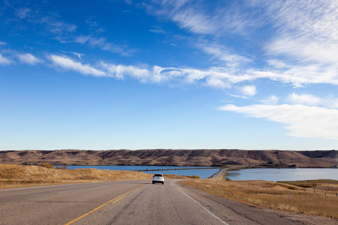 View of buffalo pound dam across highway 2 in Saskatchewan, Canada