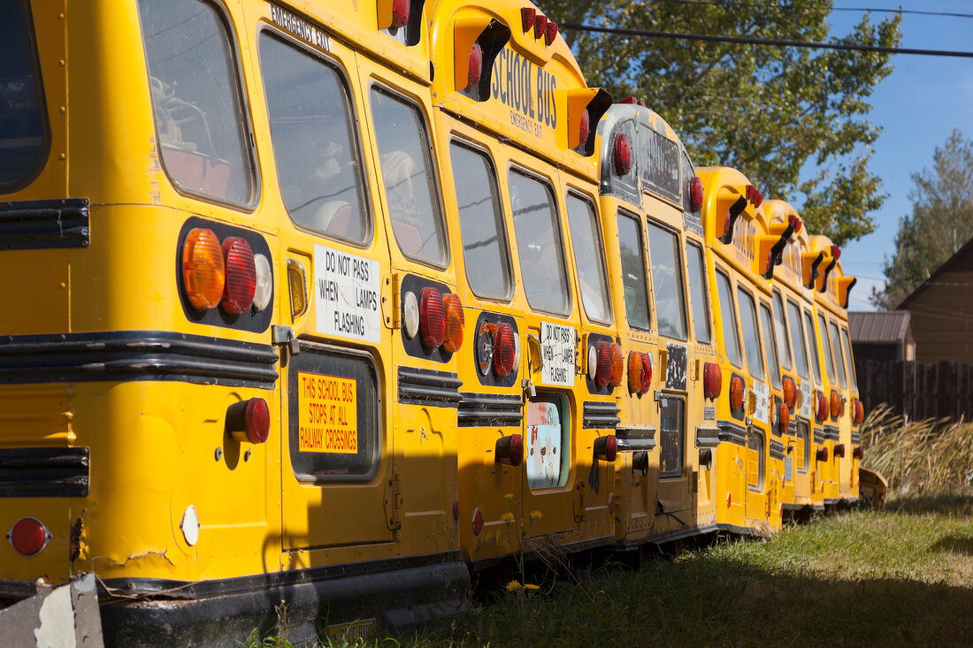 View of parked school buses, Saskatchewan, Canada