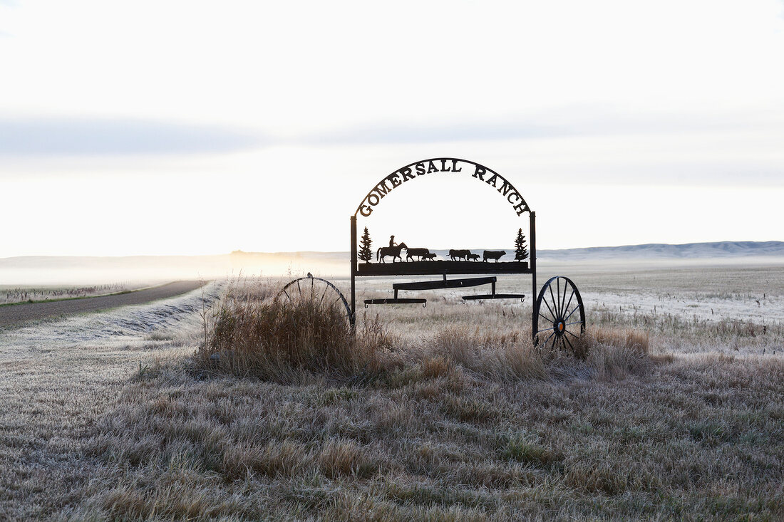 View of ranch sign board on highway 36 South, Saskatchewan, Canada